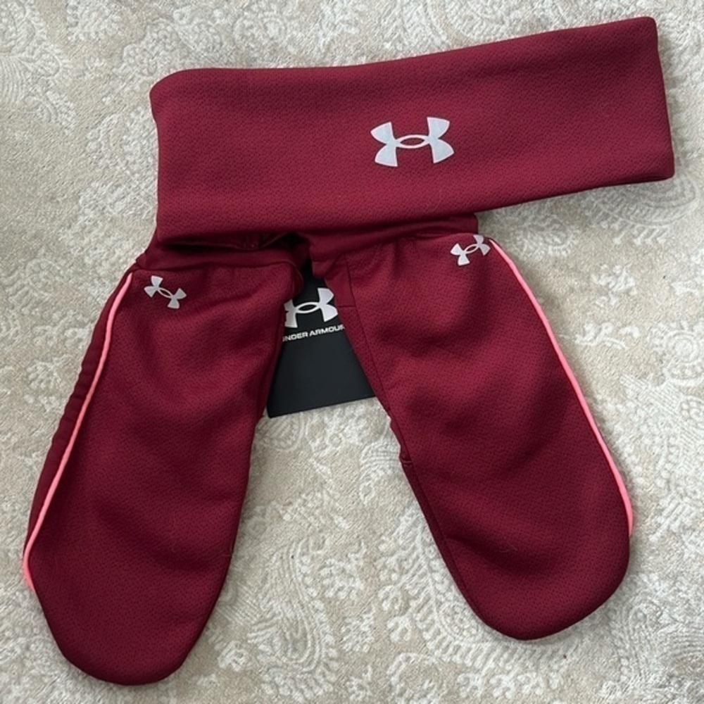 Brand New Under Armour Maroon Fleece Headband Earband & Mittens Set Running